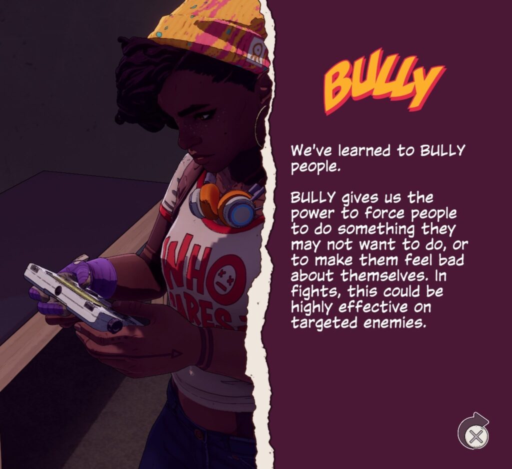 This is an in-game screenshot of Dustborn promoting bullying